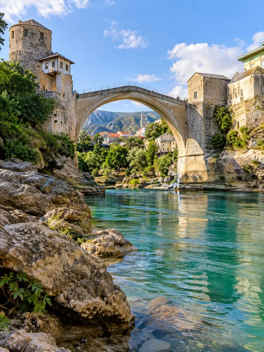 The arch of the Old Bridge in Mostar seen from the riverbank, with the Neretva flowing green below